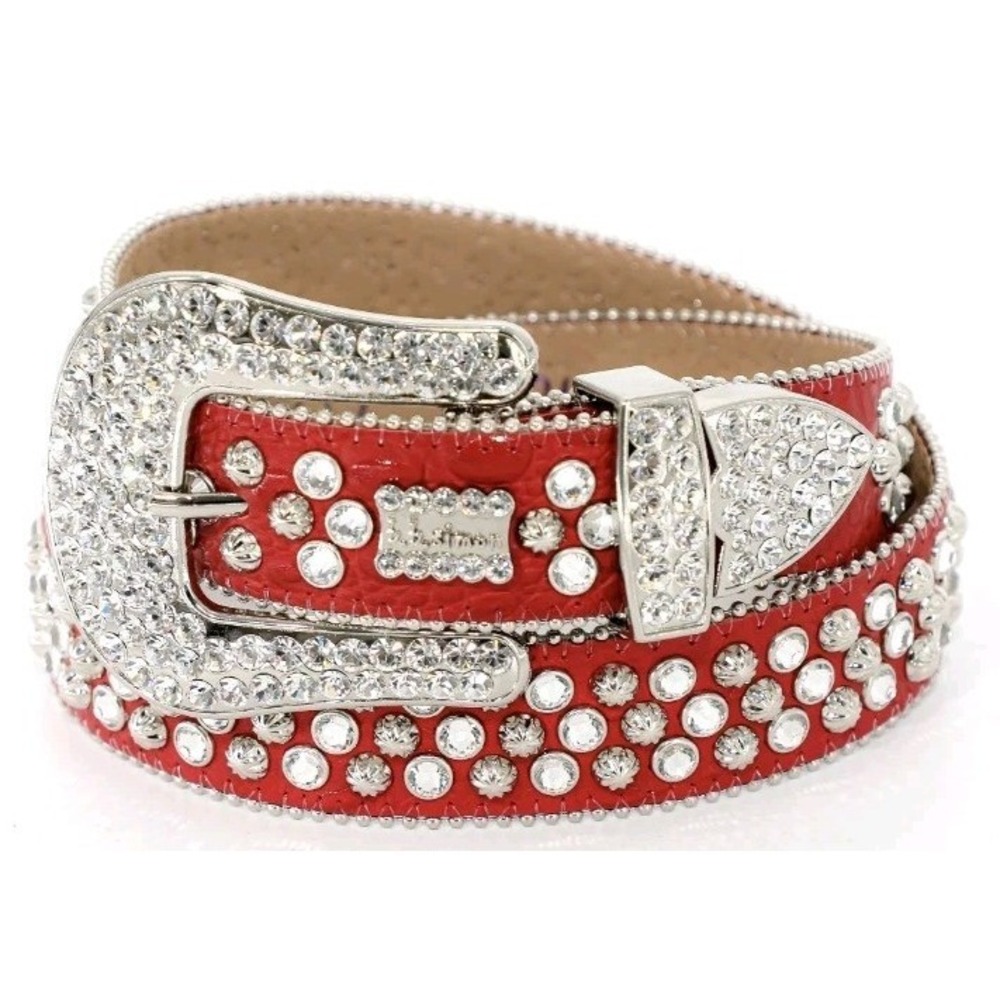 NEW B.B SIMON 2617 RED BELT W/ ALL SILVER CRYSTALS AND‎ PARACHUTE STUDS RODEO 46